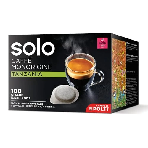 SOLO - Caffè Monorigine Tanzania, Dosettes de café E.S.E. 44 mm, Monodose, 100% Robusta Naturel, Conditionnement de 100 Pièces, Dosettes Compostables