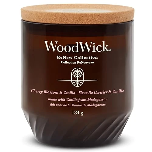 WoodWick Vela Mediana de Flor de Cerezo y Vainilla, Mecha Agrietada, Cera de Soja y Coco a Base de Plantas, Reciclado y Reciclable