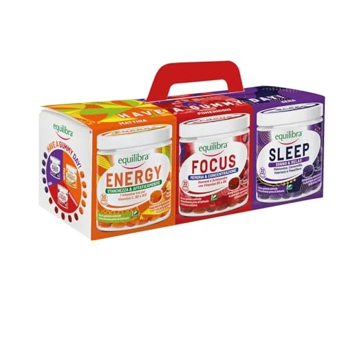 Offerta a tempo: Equilibra Integratori Alimentari, Cofanetto Gummies, Integratore in Pastiglie Gommose, Energy Gusto Tropical, Focus Gusto Lampone, Sleep Gusto Frutti di Bosco, Vegan, 90 Gummies Masticabili - 24% da 24.99 € a 18.90 €
