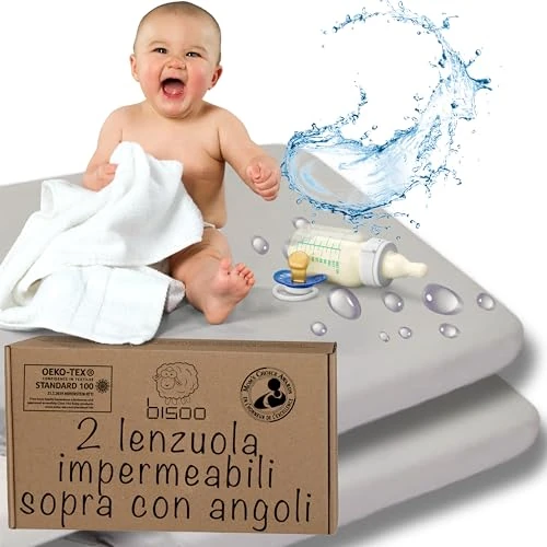 Offerta a tempo: Bisoo Lenzuola Lettino Neonato 60x125 - Lenzuola Culla Lettino Impermeabili 60 x 125 - Lenzuolo Coprimaterasso Impermeabile Con Angoli 100% Jersey OEKO-TEX - Set 2 Lenzuola Impermeabili Grigie 125x60 - 0% da 36.99 € a 36.99 €