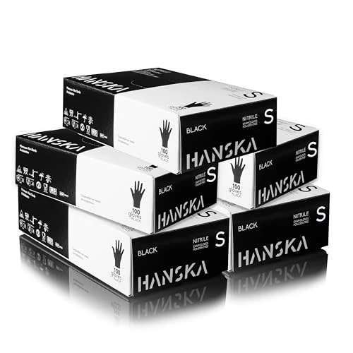 HANSKA Lot de 500 gants jetables nitriles noirs – sans poudre – jetables – non stériles – Base en caoutchouc – Convient pour les milieux médicaux, la manipulation des aliments (500, S)