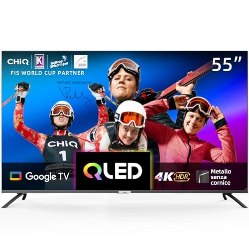 Offerta a tempo: CHiQ Smart TV QLED 55 pollici 4K, Ampio spettro cromatico UHD con HDR, telecomando a controllo vocale, Chromecast integrato, Dolby Audio, DBX-TV, Bluetooth 5.0, Wi-Fi Dual Band, Modello U55QM8E 2023 - 0.00% da 479.90 € a 479.90 €