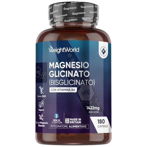 Magnesium Bisglycinaat (glycinaat) capsules - 1422 mg - Levert 200 mg elementair magnesium - Met toegevoegde vitamine B6-180 vegan capsules voor 3 maanden voorraad - Van WeightWorld