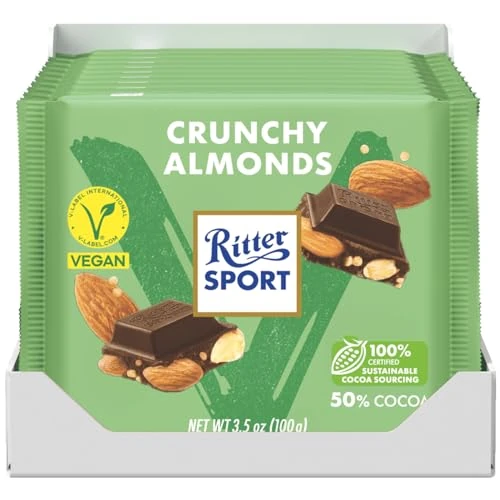 Offerta a tempo: Ritter Sport Mandorle Croccanti Vegan, 10 Tavoletta di Cioccolato Fondente con Mandorle Intere, Pasta di Nocciole e Quinoa Croccante, Cacao 100% Certificato Sostenibile, 10 Pezzi da 100 g - 26% da 24.16 € a 17.89 €