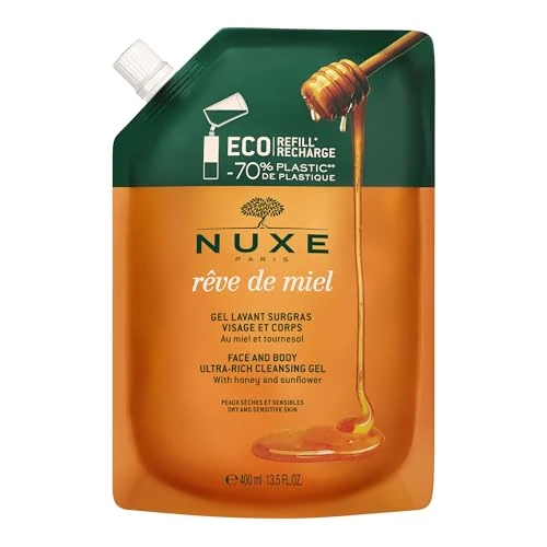 Nuxe Rêve de Miel Ultra-Rich Cleansing Gel Eco Refill 400ml, Gentle Face & Body Wash, For Dry & Sensitive Skin, Cleanses Without Drying, With Honey & Botanical Ingredients