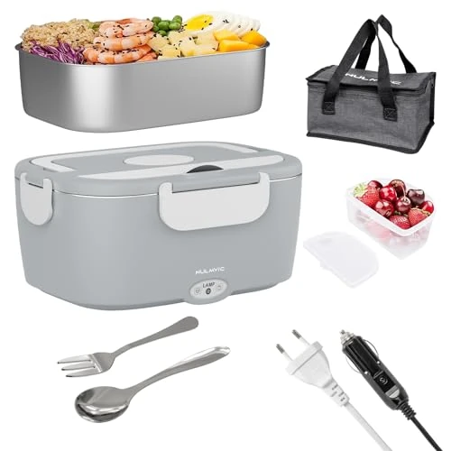 Nulmvic Electric Lunch Box 75W for Car Truck and Work 12V/24V/220V – 1.5L Electric Food Taper – Removable 304 Stainless Steel Container with Spoon Fork and Thermal Bag (Grey)