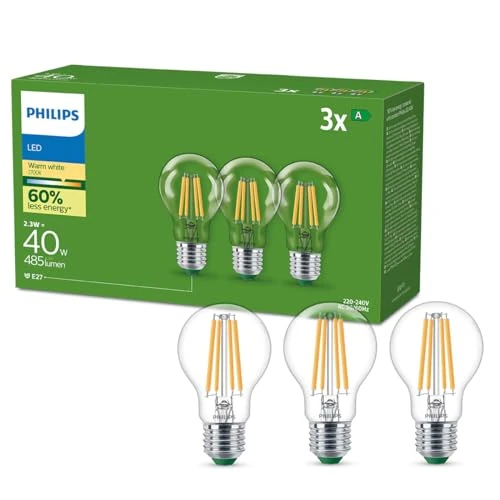 Philips Ultra-Efficient LED lamp Transparant - 40W - E27 - Warmwit licht 2700K - Energielabel A - 3-pack