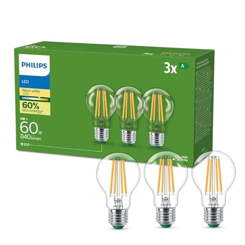 Philips Ultra Efficient - Ultra energy saving lights, E27 LED light source, 60W, A60, warm white, pack of 3, clear