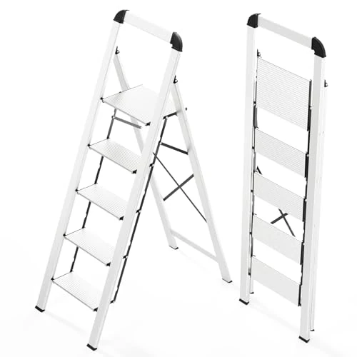 Offerta a tempo: KINGRACK Scaletta 5 Gradini Pieghevole in Alluminio Leggera con Corrimano, Blocco di Sicurezza, Pedali Antiscivolo, Scala per Cucina Garage Casa, Salvaspazio Robusta e Portatile Massima 150kg, Argento - 42% da 169.99 € a 98.79 €