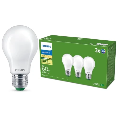 Offerta a tempo: PHILIPS LED Lampadina Goccia Smerigliata Classe A Ultra Efficiente, 3 Pezzi, 60W, E27, Luce Bianca Calda - 30% da 19.99 € a 13.97 €
