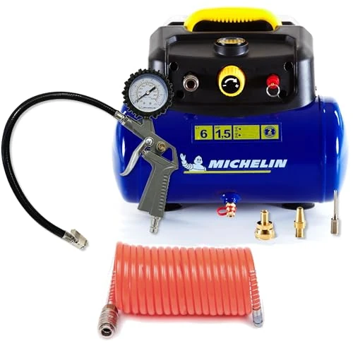 Michelin MBL6 Compresseur d'Air Portable, Compresseur d'Air Sans Huile de 6 Litres, Manomètre Intégré + Kit (pistolet de gonflage, tuyau spiralé et 3 buses inclus)