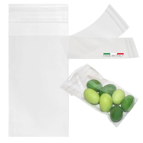DecoraParty 100 bolsitas transparentes pequeñas para peladillas y alimentos, bolsas de plástico para alimentos de celofán con cierre adhesivo, 6 x 10 cm