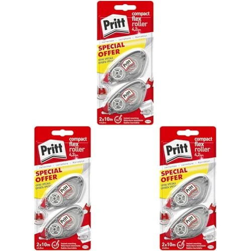 Offerta a tempo: Pritt Flex Roller, Bianchetto a nastro per coprire ogni errore, Correttore a nastro riscrivibile, Cancellino a nastro per frasi e lettere singole, 3 Confezioni da 2 (4.2mmx10m) - 44% da 23.70 € a 13.31 €