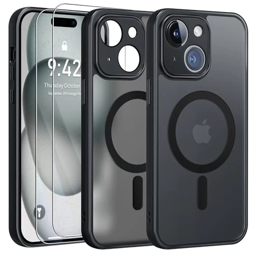 FLLAO Funda para iPhone 15, Compatible MagSafe, con 2 Piezas Protector de Pantalla Cristal Templado, [Protección de Cámara] Magnética Carcasa Translúcida Mate Trasera Fina Antigolpes, Negro
