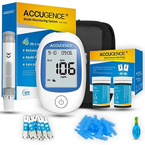 Offerta a tempo: ACCUGENCE Misuratore Glicemia,Glucometro,Diabete Test Kit Glucosio Nel Sangue Con 50 strisce glicemia, E 3en1 Glucometro Multifunzione (Glicemia, Acido Urico, Chetone) - 7% da 29.00 € a 26.99 €