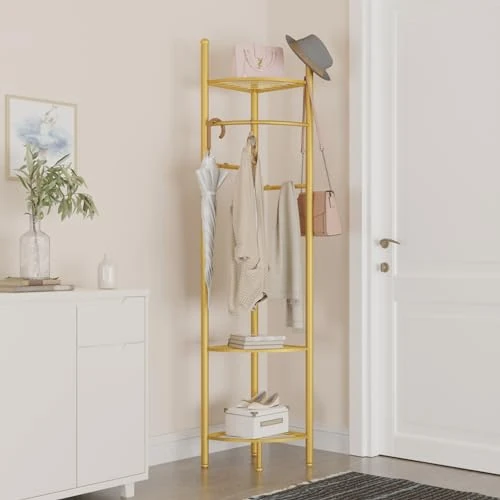 Limited-time offer: unho Corner Coat Stand Rack: Gold Metal Clothes Rack with Storage Shelf Free Standing Garment Rack Hall Tree for Hanging Clothes from 32.72 £ to 32.72 £ (save 0.00%)