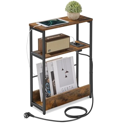 VASAGLE Mesa Auxiliar con Multienchufe, Mesita Estrecha con 3 Estantes, para Espacios Pequeños con Revistero, para Salón, Dormitorio, Estudio, Marrón Rústico y Negro Tinta LET335K02