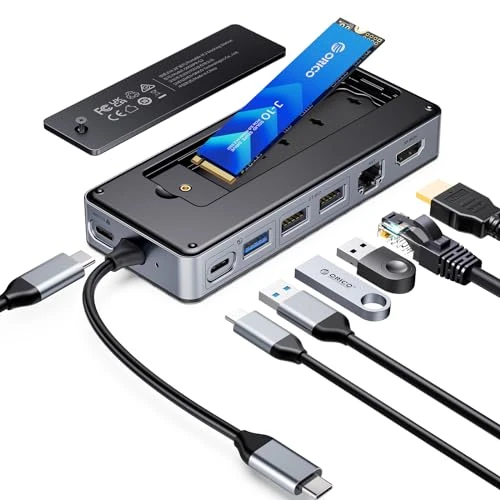 Offerta a tempo: ORICO 8 in 1 USB C Docking Station con Case SSD M.2, USB C Hub con SSD M.2 NVMe/SATA, 10Gbps, 4K@60Hz HDMI, 100W PD, Ethernet, Lunghezza del Cavo 15cm - OM28PR - 28% da 59.99 € a 42.99 €