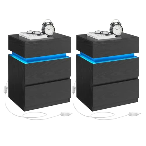 Zeitlich begrenztes Angebot: VASAGLE Kailyn Kollektion - Nachttisch 2er Set, LED-Beleuchtung, Beistelltisch, Sofatisch 3 Schubladen, Nachtschrank Schlafzimmer Wohnzimmer, modern, 35 x 40 x 55 cm, ebenholzschwarz LET0830B01 von 109.99 € auf 106.99 € (3% Ra