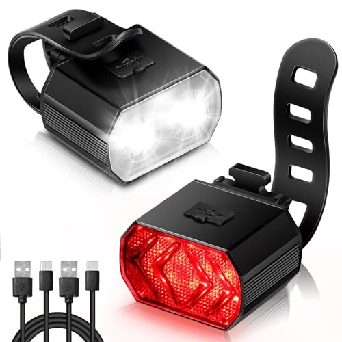 Vinabo Fietslichtset – koplamp en achterlicht, lange batterijduur, USB-oplaadbaar, waterdicht IPX6, 6 verlichtingsmodi, licht en duurzaam, geschikt voor alle fietsen en verschillende