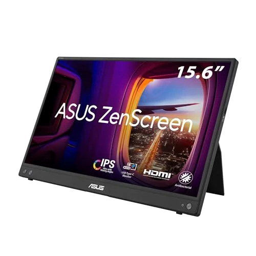 ASUS ZenScreen MB16AHV Monitor Portatile da 16” pollici (15,6), Full HD (1920 x 1080), IPS, HDMI, USB Type-C, Filtro Luci Blu, Superficie Antiriflesso, Trattamento Antibatterico, Nero