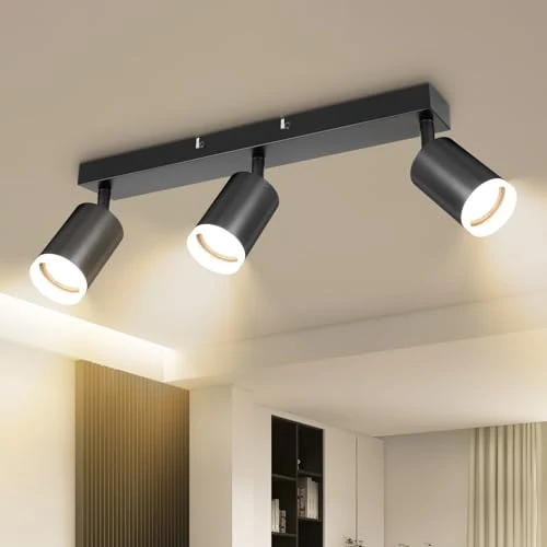 Dehobo Led-plafondlamp, draaibaar, moderne plafondlamp, 3 lampen, GU10, zwart, led-wandlamp voor binnen, voor slaapkamer, keuken, zonder lamp