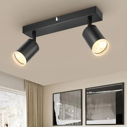 Offerta a tempo: Dehobo Lampada Faretti Led da Soffitto Orientabili, Moderna Plafoniera 2 Luce GU10 Nero con Acrilico, Lampadario Led da Parete Interno per Barra Cameretta Cucina, Senza Lampadina - 35% da 19.99 € a 12.99 €