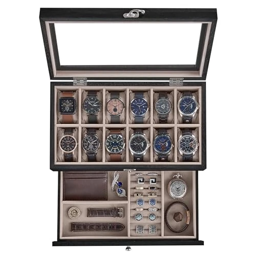 Limited-time offer: SONGMICS Watch Box with 12 Slots, 2-Tier Wood Watch Case with Large Glass Lid, Watch Pillows, Velvet Lining, Jewellery Box, Gift for Loved Ones, Ebony Black JOW012B01 from 32.99 £ to 32.99 £ (save 0.00%)
