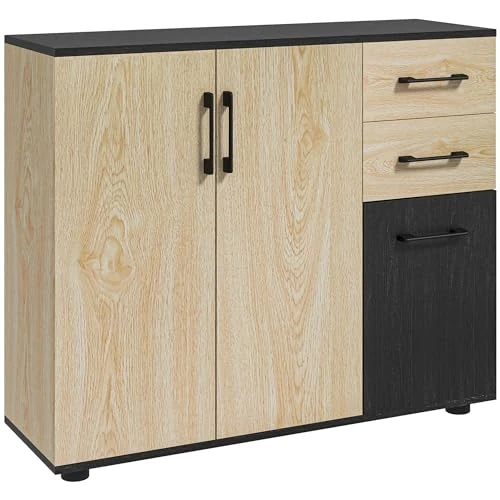 HOMCOM Modernes Sideboard für Küche und Wohnzimmer, Küchenanrichte mit verstellbarem Regal, 2 Schränken und 2 Schubladen, modernes Design, 90x30x75,5cm, Nussbaum und Schwarz