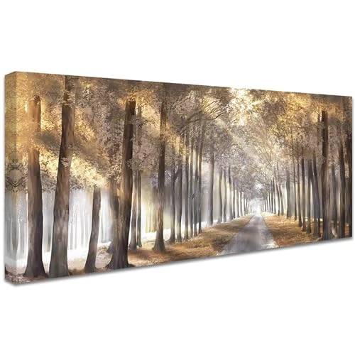 HALFLEMART Zonnige bosboom, houten ingelijste canvas muurkunst poster, abstracte bruine bossen schilderij op canvasprint, foto, thuis, woonkamer, slaapkamer, restaurant, wanddecoratie, klaar om op te hangen, 50