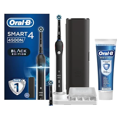 Oral-B Elektryczna szczoteczka do zębów Smart 4 4500, czarna, 2 x główki szczoteczki, 1 torba podróżna, 1 szczoteczka do zębów + 1 pasta do zębów Pro-Expert wybielająca zdrowa