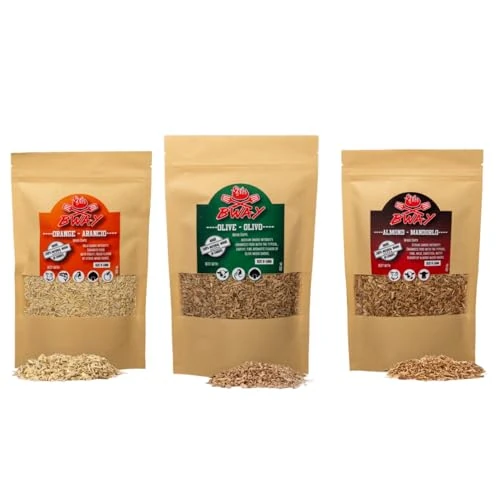 BWAY Kitchen Smoker Holz - Olive, Orange und Mandel Räucherholz | Edle Holzmischung | Räucher Chunks + Kostenloses E-Book mit 20 Rezepten um Ihre kulinarischen Fähigkeiten zu Verfeinern (3x400 ml)