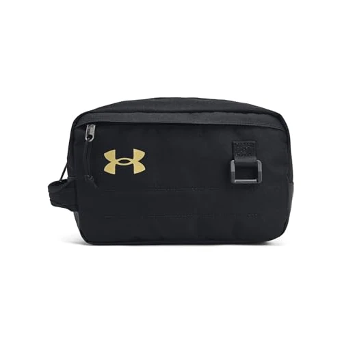 Under Armour Unisex Contain Travel Kit, Water-Repellent Sports Bag for Toiletries and Supplements, Versatile Travel Bag with D-Ring Attachment,Black / / Metallic Gold,OSFM