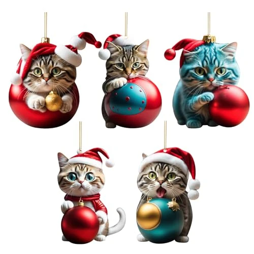 Vordpe Pack of 5 Christmas Tree Cat Pendants, Acrylic Cartoon Cat Decorative Ornaments, 2D Fun Christmas Pendant Decoration