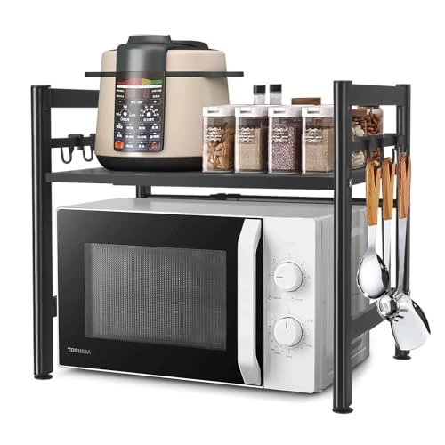 DWDHYEAN Expandable Microwave Shelf with 6 Hooks, Minimalist Style, Standing Kitchen Organiser