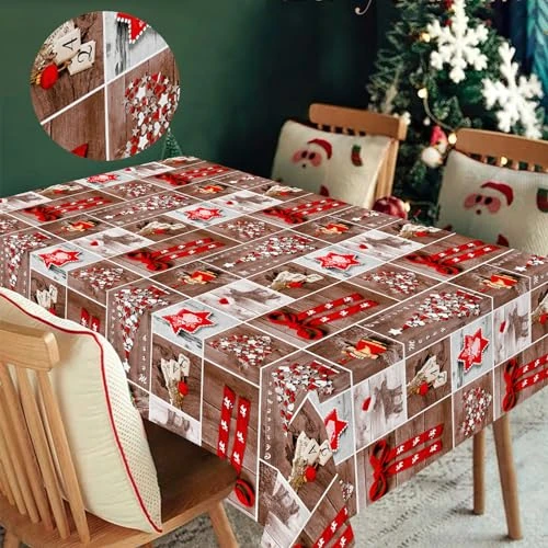 HW CASA Kersttafelkleed 140 × 180 cm, rechthoekig, decoratie voor Kerstmis en Nieuwjaar feest, vakantie, print met hoge resolutie, gratis 4 klemmen voor tafelkleed (bruine strik)