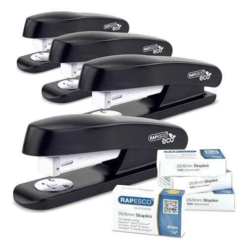Zeitlich begrenztes Angebot: Rapesco 1756 4 ECO Halbstreifenheftgerät und 4000 Heftklammern | Enthält 4 Schachteln mit 1000 26 / 6mm Heftklammern, Business Pack, 20 Blatt Kapazität, Schwarz von 13.16 € auf 13.16 € (0.00% Rabatt)
