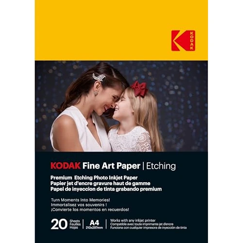 Offerta a tempo: KODAK Fine Art Paper - Carta Fotografica di Alta Qualità Testurizzata, 20 Fogli, Formato A4 (21x29,7 cm), Finitura Opaca Effetto Incisione, 210 gsm, Compatibile con Tutte le Stampanti a Inchiostro - 40% da 9.99 € a 5.99 €