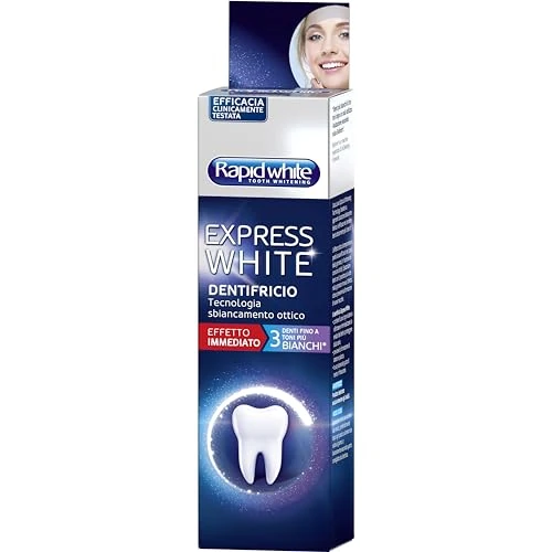 Offerta a tempo: Rapid White - Dentifricio Sbiancante Denti Express White, per Uno Sbiancamento Fino a 3 Toni, Rinforza lo Smalto Dentale e Protegge da Carie, Gusto Menta, Clinicamente Testato, 75ml - 30% da 4.90 € a 3.43 €