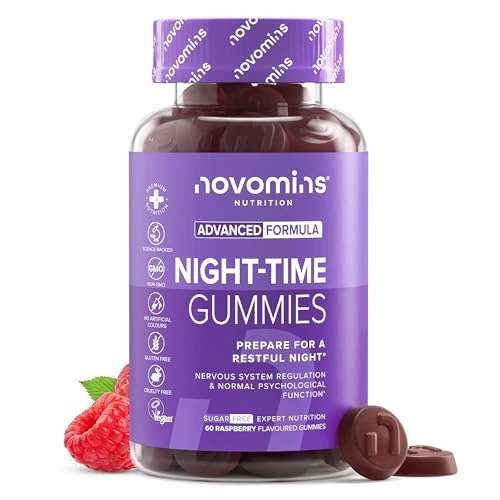 Schlafgummis - Zukerfrei - Melatonin und Schlaftabletten Alternative - 60 Gummies - mit Magnesium, L Theanin, Glycin, Vitamin B12, B6 - Vegan - Glutenfrei - Effektive Hilfe beim Einschlafen - Novomins