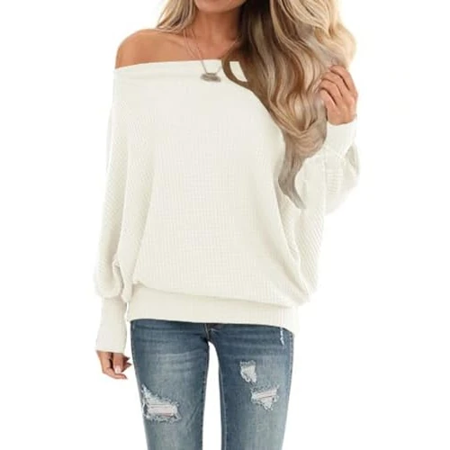 Offerta a tempo: Dressmine Off The Spalla Top per le Donne Batwing Oversize T Shirt Sexy Manica Lunga Waffle Maglia Primavera Maglione Abbigliamento, bianco, S - 0.00% da 29.56 € a 29.56 €