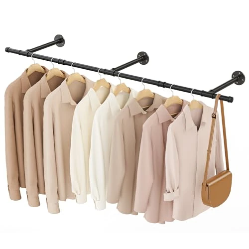 YheenLf Wall Mounted Clothes Rail, 150cm Industrial Clothing Hanging Rod, Multi-Purpose Pipe Garment Rack, Suitable for Home Bedroom for Coats, Bags, Scarves, Black, 1-Pack