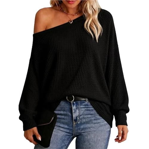 Offerta a tempo: Dressmine - Maglione da donna con spalle scoperte, maniche lunghe a pipistrello, tunica a nido d'ape, camicie oversize, Nero , XXL - 0.00% da 27.11 € a 27.11 €