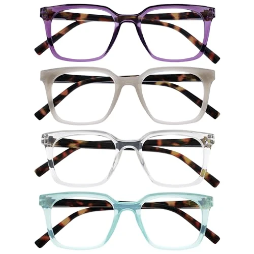 OPULIZE KOI Lesebrille 4er Pack - Große Rechteckige Fassung - Violett-Grau-Durchsichtig-Aqua - Damen Herren Unisex - Federscharniere - RRRR50-57CQ - +3.50