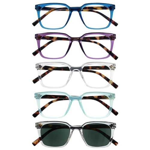 Limitiertes Angebot: OPULIZE KOI Lesebrille & Sonnenleser 5er Pack - Rechteckiges Gestell - Schwarz-Violett-Klar-Aqua-Klar - Damen Herren - Federscharniere - RRRRS50-35CQC - +3.00 von 17.00 EUR auf 17.00 EUR (Spare 0%)