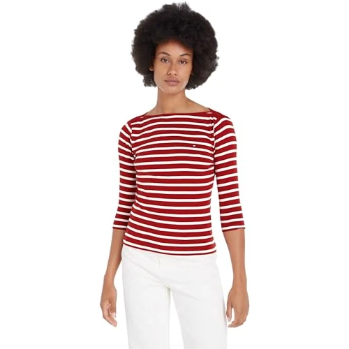 Offerta a tempo: Tommy Hilfiger Donna Maglietta Maniche Lunghe Slim Scollo a Barca, Multicolore (Breton STP/Dark Magma/Ecru), XS - 50% da 59.90 € a 29.95 €