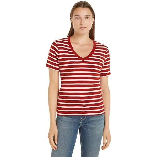 Tommy Hilfiger Camiseta de Manga Corta Mujer New Slim Cody V-Neck Cuello de Pico, Multicolor (Breton STP/Dark Magma/Ecru), S