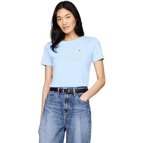 Tommy Hilfiger Damska koszulka z krótkim rękawem Slim Cody z okrągłym dekoltem, Niebieski (statek niebieski), XXS