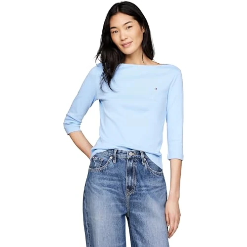 Tommy Hilfiger T-Shirt Manches Longues Femme Slim Col Bateau, Bleu (Vessel Blue), XXS
