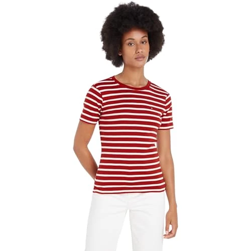 Tommy Hilfiger Women's New Slim Cody C-nk Ss Ww0ww40587 S/S Knit Tops, Red (Breton STP/Dark Magma/Ecru), XS